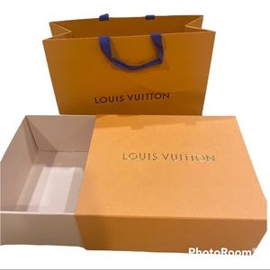 Empty LV box with golden logo print and LV paper bag together